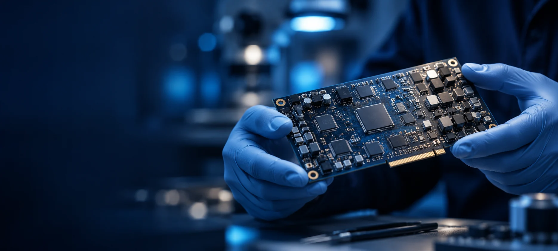 A technician examining a circuit board with ESD-safe gloves